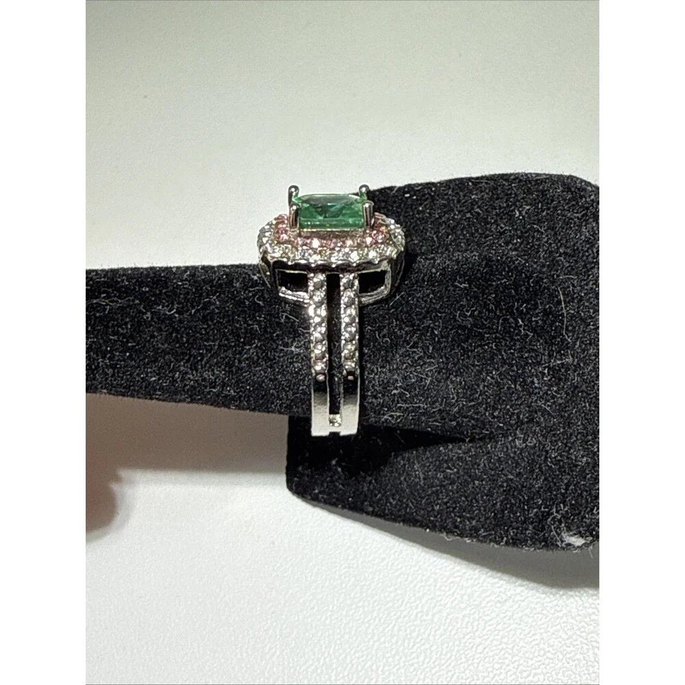 S925 Sterling Silver Emerald Green Halo Statement Ring Pink Clear Size 7